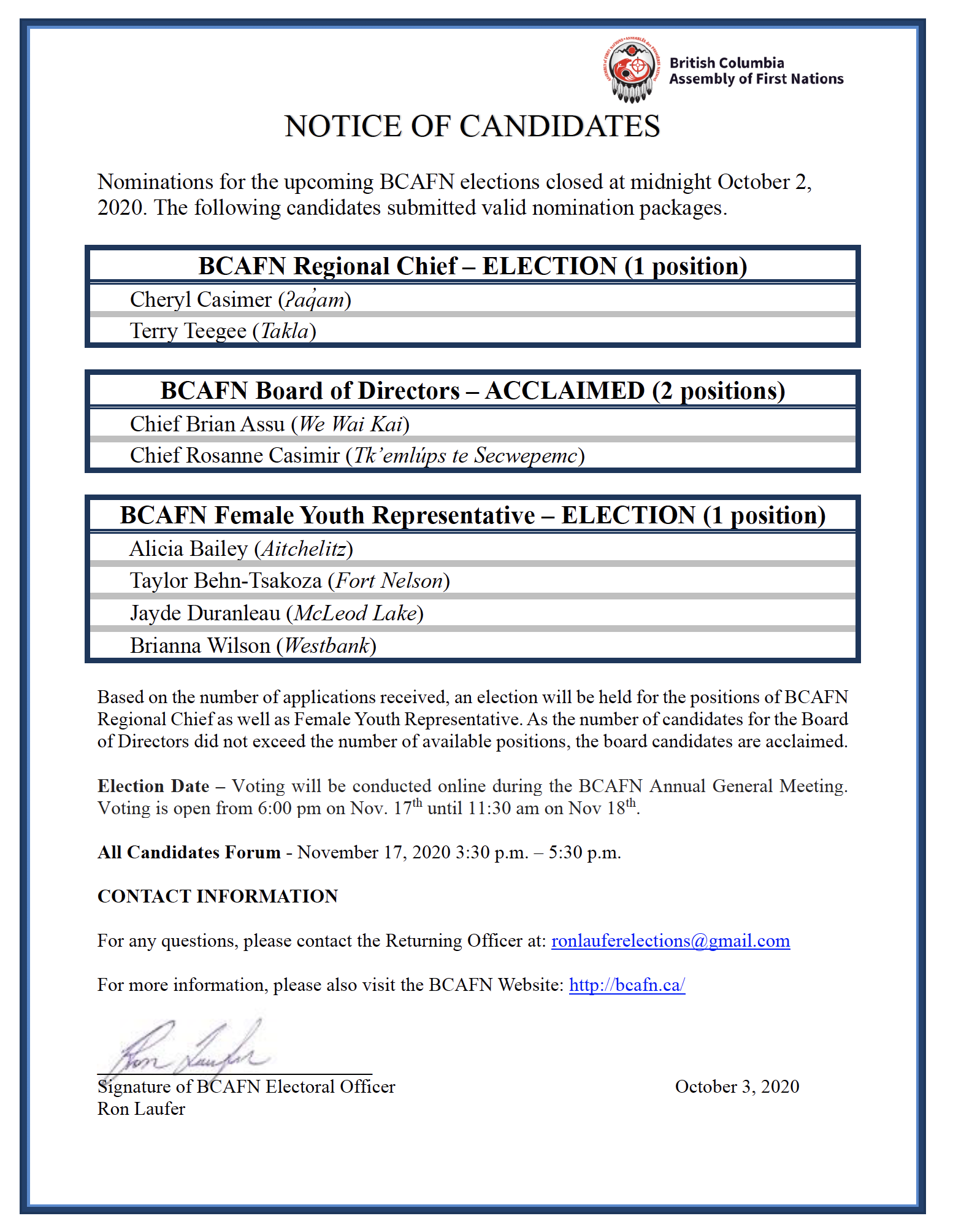 Notice of candidates