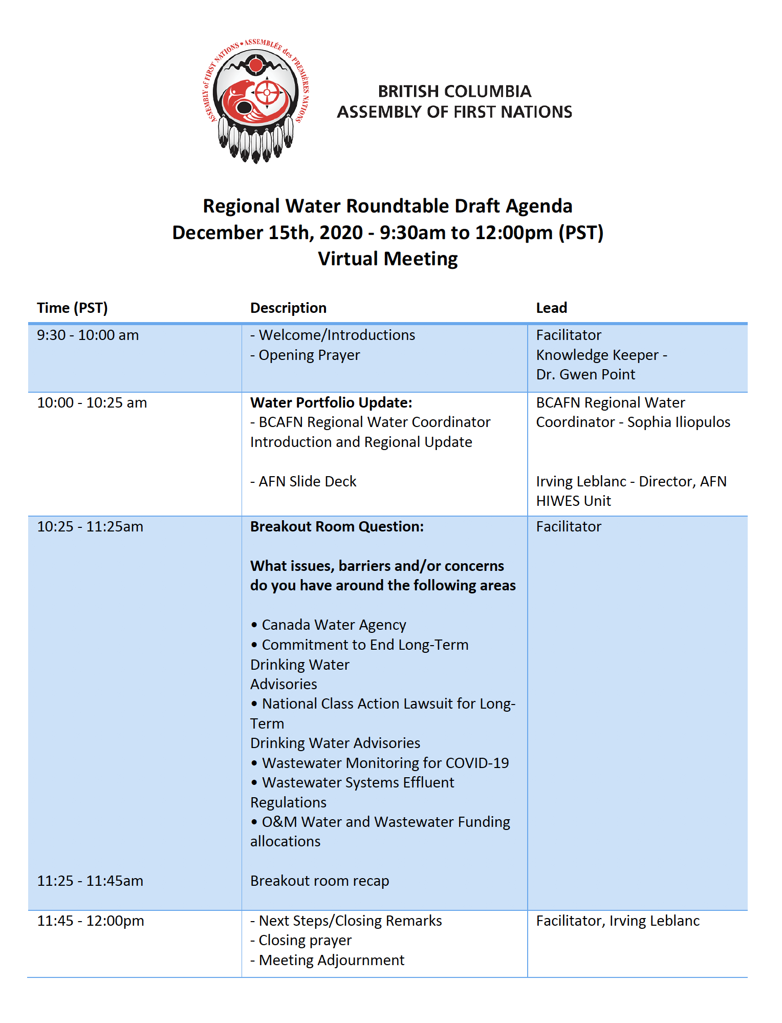 Regional Water Roundtable draft agenda 