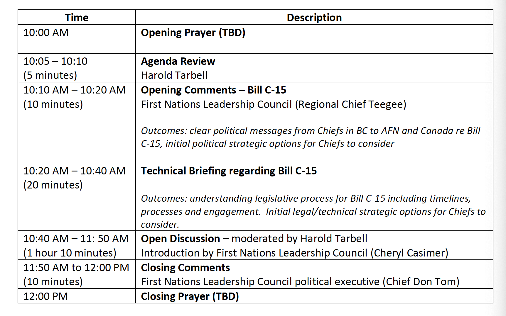 All Chiefs Forum - Bill C-15 Agenda